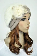 JM32 Rabbit Fur & Wool Women Winter Dress Hat Beanie Cap Cute Flower Ivory Beige
