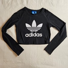 Adidas Black Logo Cropped Long Sleeve Cotton Streetwear Top T Shirt Women M