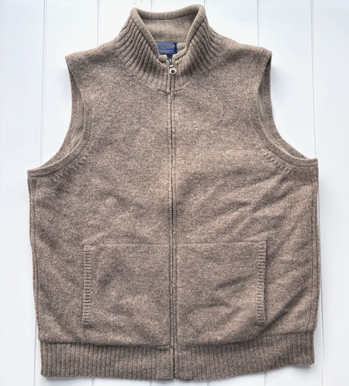 Pendleton Shetland Wool Zip Front Sweater Vest Fleece Lined Beige Tan Medium
