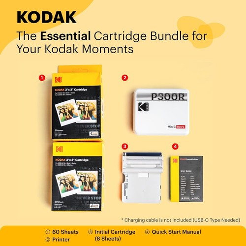 Kodak Mini 3 Retro Instant Photo Printer with Cartridge Bundle, Yellow - Picture 2 of 8