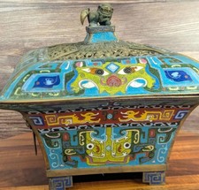 Antique Chinese Footed Incense Burner Cloisonne Foo Dogs With Bats Dragons