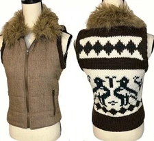 BB Dakota Vest Brown Faux Fur Collar Woven Knit Panel Full Zip Women’s L ~ EUC