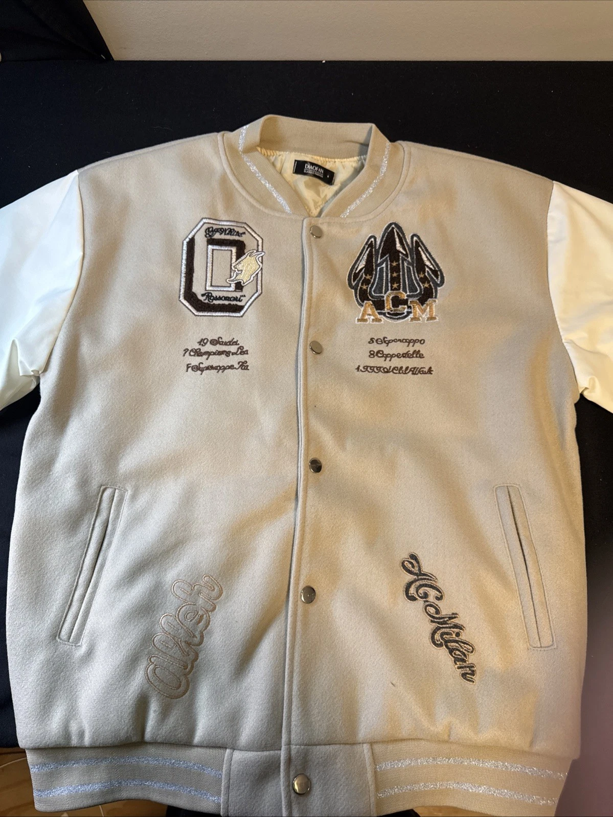 Off White X AC Milan Varsity Replica Genuine Trending Creme’ Colored Jacket Coat image 1