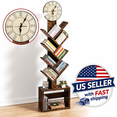 7 Tier Tree Bookshelf with Clock Storage Cabinet Narrow Floor Standing