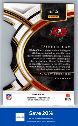 2023 Panini Select #155 Payne Durham Red and Blue Prizms Die Cuts Buccaneers I9 - Bild 2 von 2