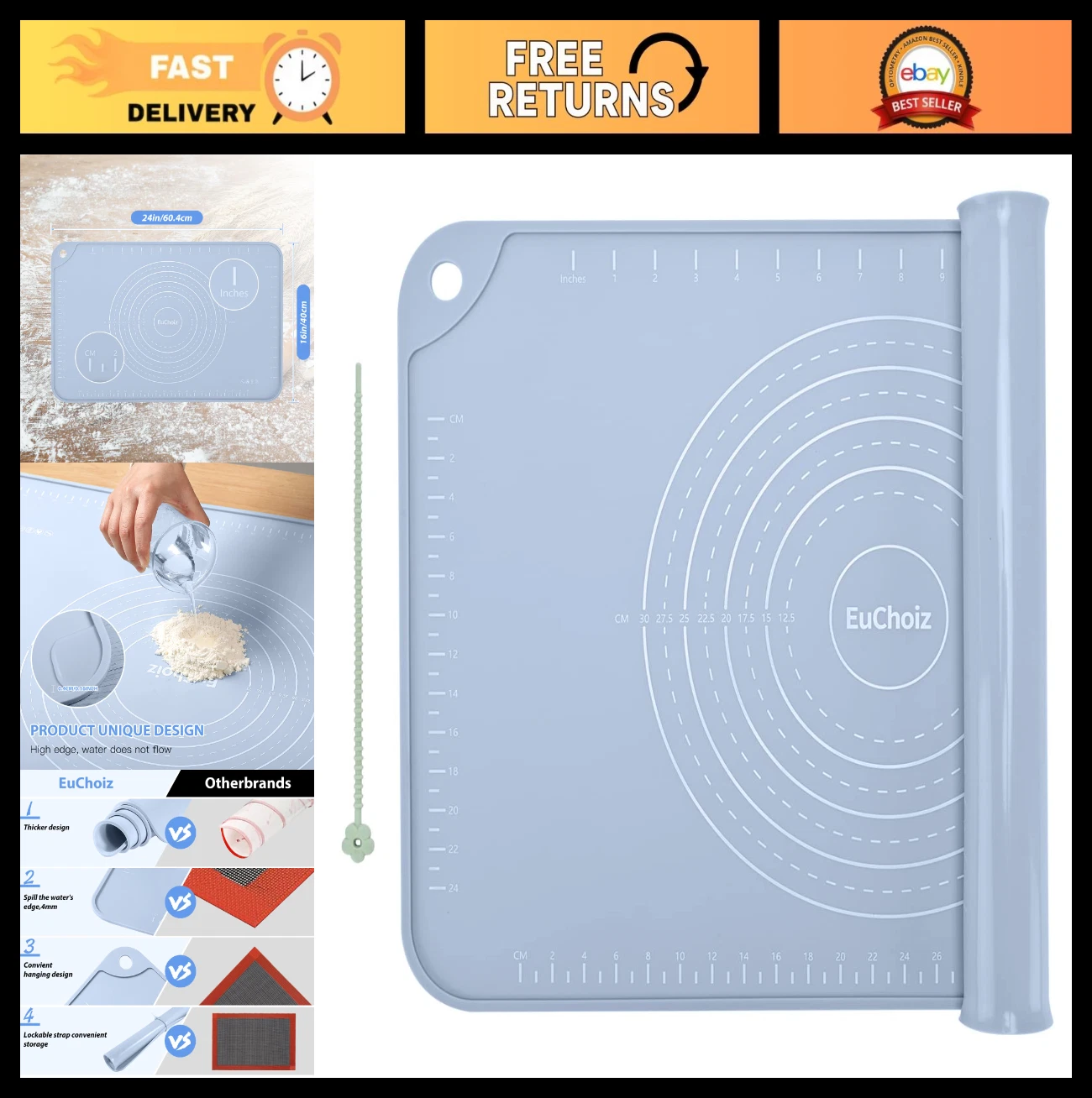 Extra Thick Silicone Pastry Mat 24"x16" Non-Stick Baking Dough Roller, Food Safe