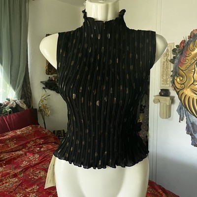 E.K. Designs Tank Top Plisse Accordion Pleated Mock neck Black Gold Polkadot NWT