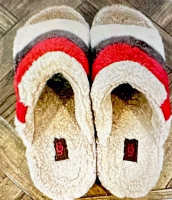 UGG Fluff Slide Striped Sheepskin Slippers Beige/Red/Brown Open Toe US 10.5