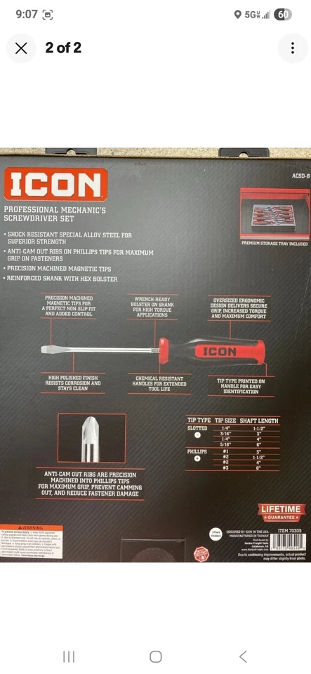 NEW ICON Professional Mechanic’s Screwdriver Set Alloy Steel ACSD-8 70309 - Image 2 of 2