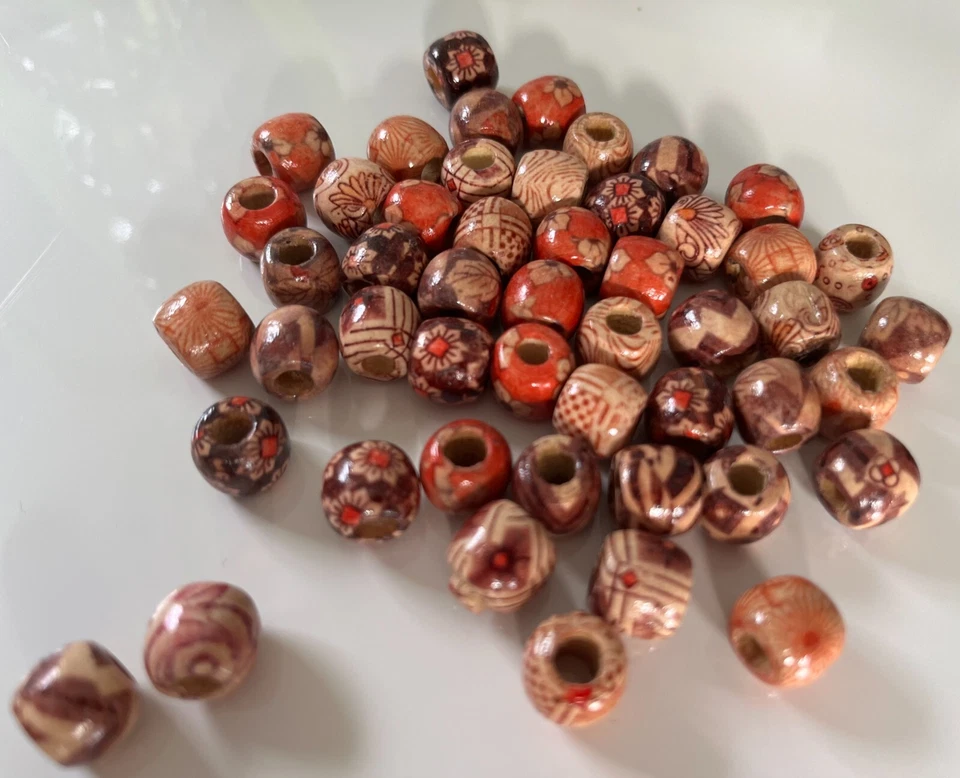 5 Holzperlen Holzkugeln mit Loch handbemalt natur zum Basteln Armband Kette NEU - Bild 2 von 3