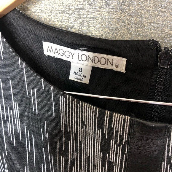 Vestido midi de oficina Maggy London talla 8 negro imitación cuero parche en el codo Foto 2 de 3