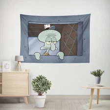 Squidward Judging Kitchen Window Tapestry Spongebob Bikini Bottom 27x18 Inches