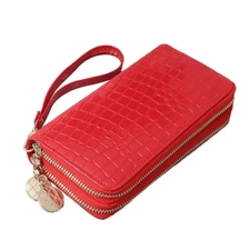 Red Patent Glossy Faux Crocodile Beautiful Fashion Double Zip Wallet