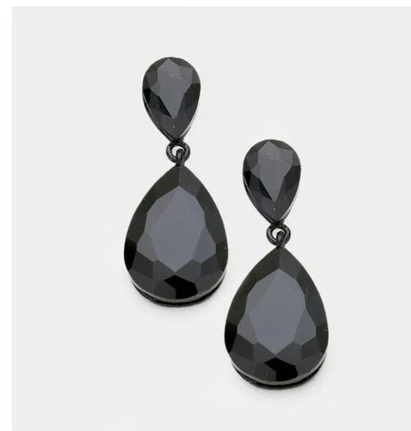 1.75” Long Tear Drop Black Jet Pierced Rhinestone Crystal Pageant Earrings