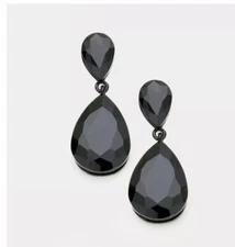 1.75” Long Tear Drop Black Jet Pierced Rhinestone Crystal Pageant Earrings