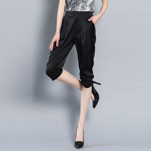 Women Satin Capri Pants Cropped Trousers Solid Loose Casual Workwear Summer - Bild 8 von 19