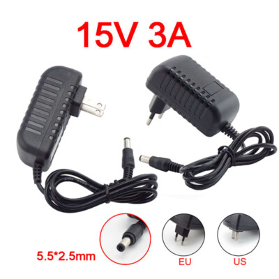 Universal DC Power Supply Adapter 15V 3A 3000ma 100-240V AC Charger 5.5mm*2.5mm