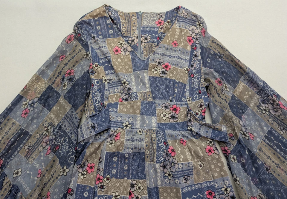 Винтажное женское платье макси 70-х размер 16 синее серое богемное хиппи - Изображение 3 из 4