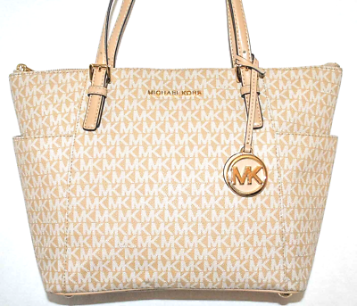 Michael Kors Jet Set East West Signature Top Zip Beige PVC Tote