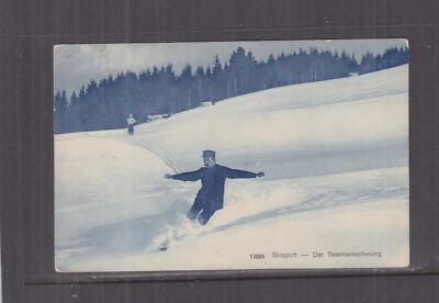 SWITZERLAND, MAN IN UNIFORM SKIING, TELEMARK SWING, 1911 ppc., Bern to Belgium.