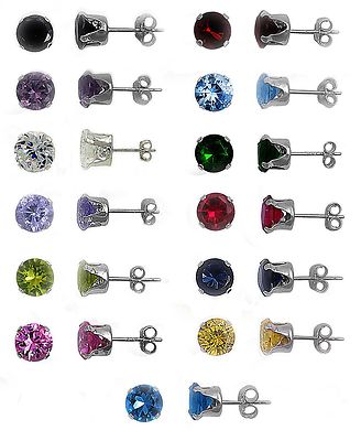 Any Color 925 Sterling Silver Birthstone Round CZ Stud Earrings Kids, Lady, Man