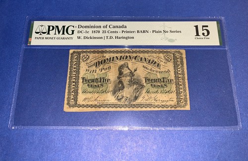 PMG Dominion of Canada 25 Cents Banknote 1870 Choice Fine DC-1c p 8a - Picture 1 of 8