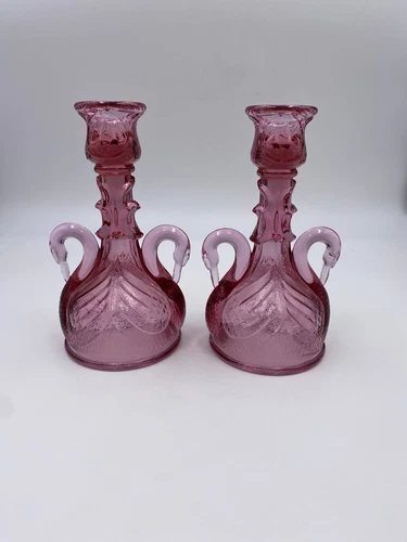 Set of 2 Fenton Cranberry Glass Swan Handle Candlestick Holders