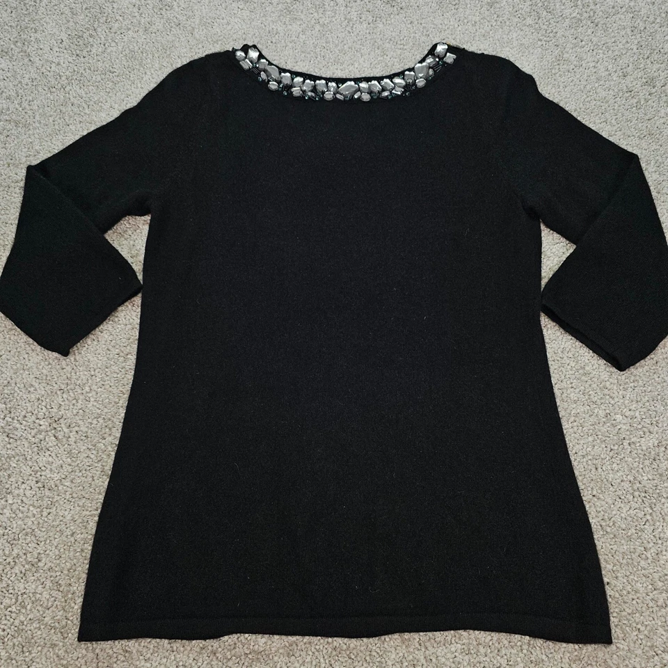 Elena Solano Black 100% Cashmere Embellished Jewel Neck 3/4 Sleeve Sweater Large - Image 3 of 4