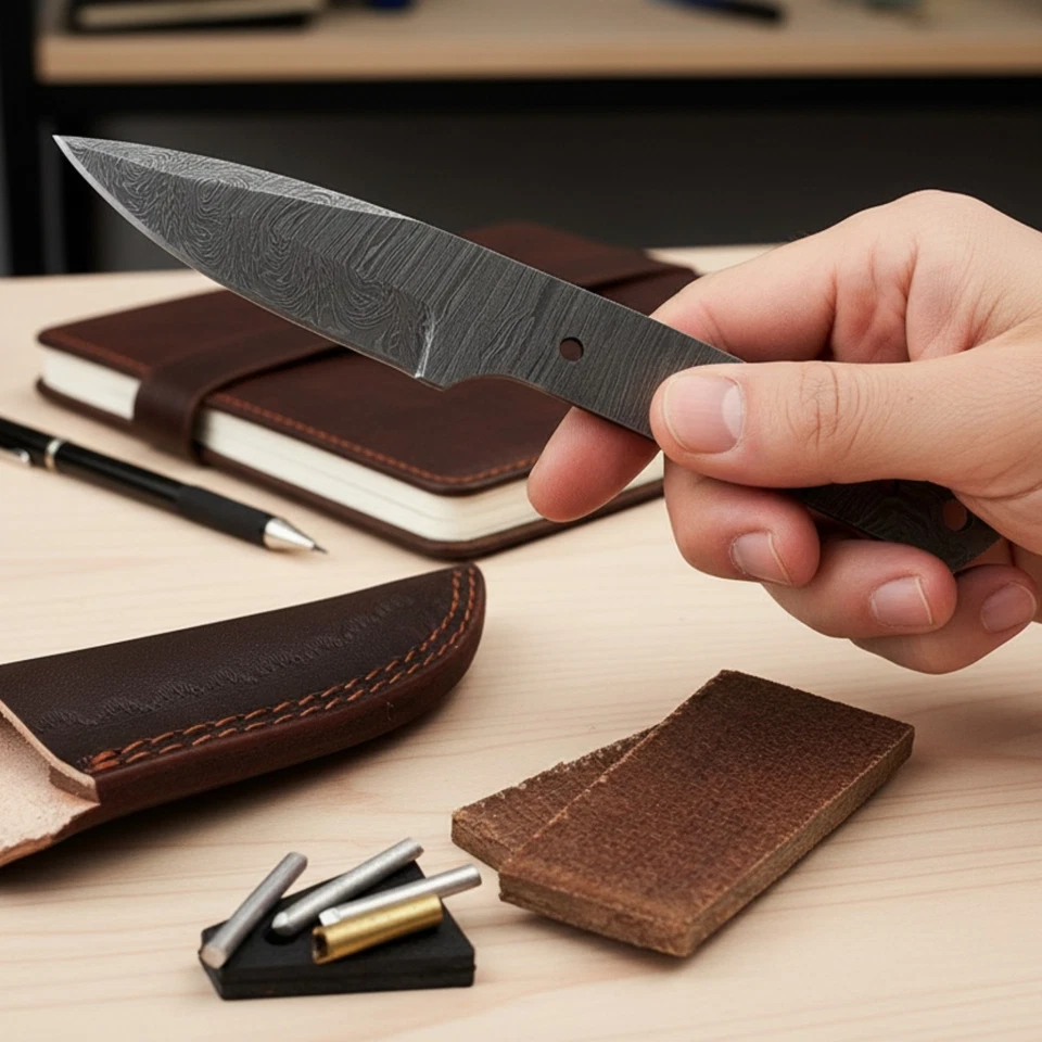 SHARD Hand Forged Damascus Steel Knife Blank DIY Making Kit w/ Sheath Drop Point - Image 2 of 4