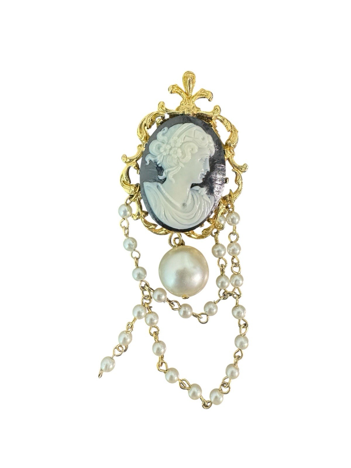 Vintage Cameo Brooch Gold Tone Victorian Revival Faux Pearl Dangle Tassel Pin