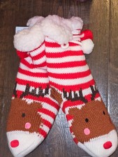 CAT  JACK Girls Slipper Socks Christmas REINDEER Holiday Lined Sz Sm 5.5-8.5