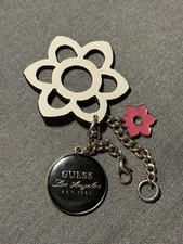 Guess Los Angeles Black Silver Tone Chain Leather And Pink Enamel Flower Keyring