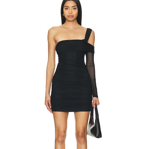 Superdown One Sleeve Mini Dress Black XS Bodycon Off Shoulder Asymmetric $85 NEW