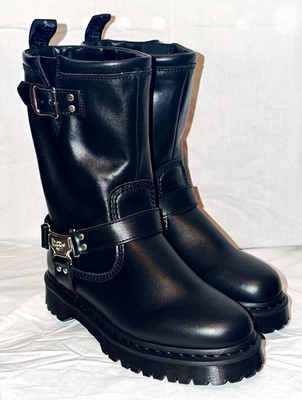 Dr. Martens Black Leather Harness Biker Buckle Boots Mid-Calf - Women's Size 6M