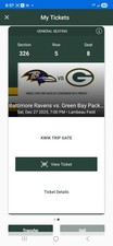 2 50 yard line tickets row 5 for the Baltimore Ravens at Green Bay Packers Game 