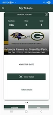 2 50 yard line tickets row 5 for the Baltimore Ravens at Green Bay Packers Game 