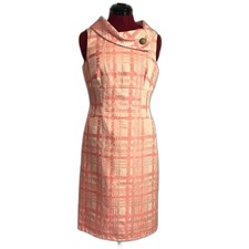 Tahari ASL Sleeveless Sheath Dress Women's Size 6 Peach & Cream Plaid Cowl Neck