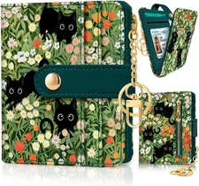 Black Cat Floral Rfid Women Wallet, Small Slim Thin Credit 