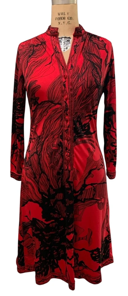 MAURICE 70s Designer Vintage Women's LS Red + Black Polyester Dress - Sz S/M - Image 3 of 4
