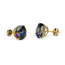 14k Yellow Gold Push Back Earrings with Mystic Topaz Round Cut CZ Stones