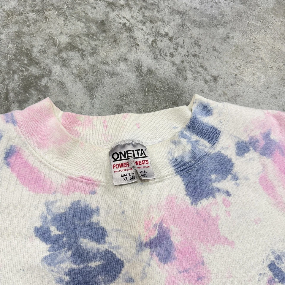 Sudadera De Colección Oneita Para Hombre XL Blanca Rosa Azul Tie Dye Cuello Redondo Pullover Años 90 Foto 4 de 4