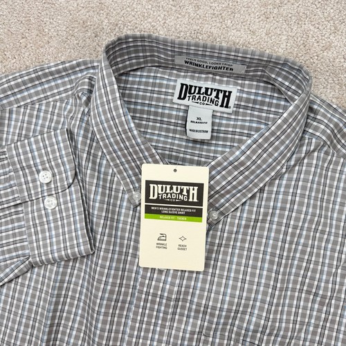 NEW Duluth Trading Co Mens XL Shirt Grey Wrinklefighter Relaxed Fit Plaid 92105
