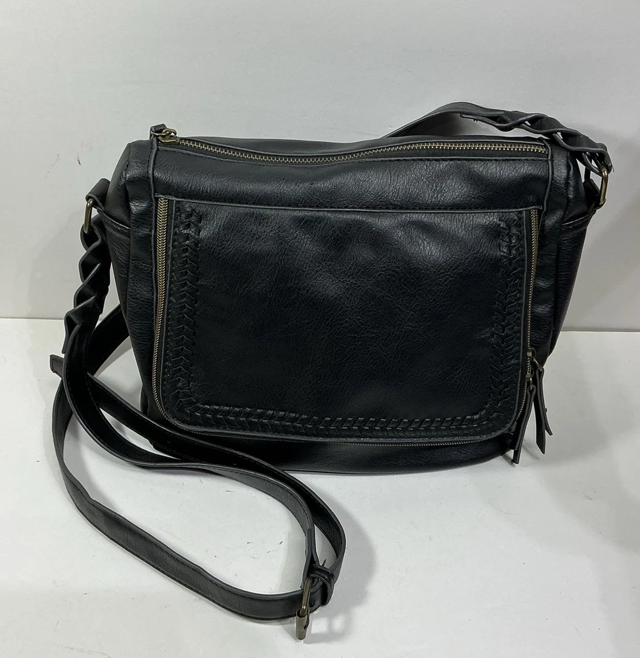 Womens Black Faux Leather Crossbody Med Handbag Purse Hobo Biker Punk - Image 2 of 4