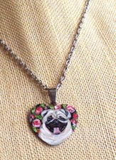 hand painted Pug pendant on silver tone chain