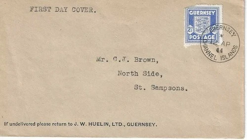 1944 (12 April) Guernsey 2.5d Arms On J W Huelin First Day Cover