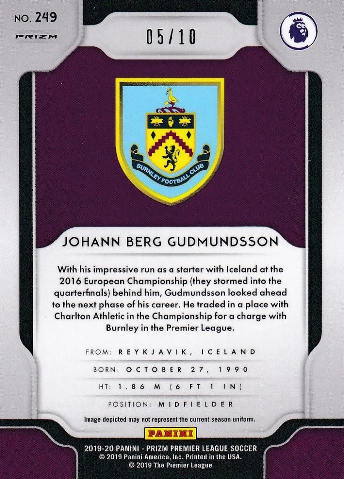 2019-20 Panini Prizm Premier League Burnley Johann Berg Gudmundsson /10 - Image 2 of 2