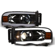 Topline For 2002-2005 Dodge Ram LED Strip Bar Projector Headlights Amber - Black