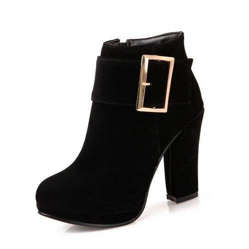 Women Booties Faux Suede Casual Buckle High Block Heel Platform Shoe Ankle Boots - Picture 15 of 21