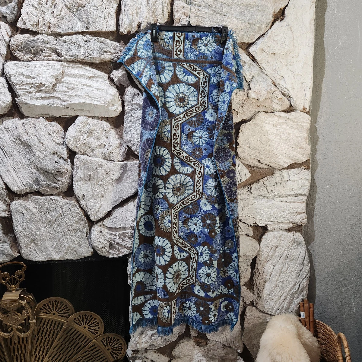 Vintage Fieldcrest Bath Towel Fringe Boho Hippie Blue Flower Retro