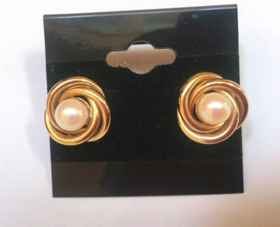 14K Yellow Gold Freshwater Pearl Swirl Stud Earrings - Gorgeous  - Signed B.A.B